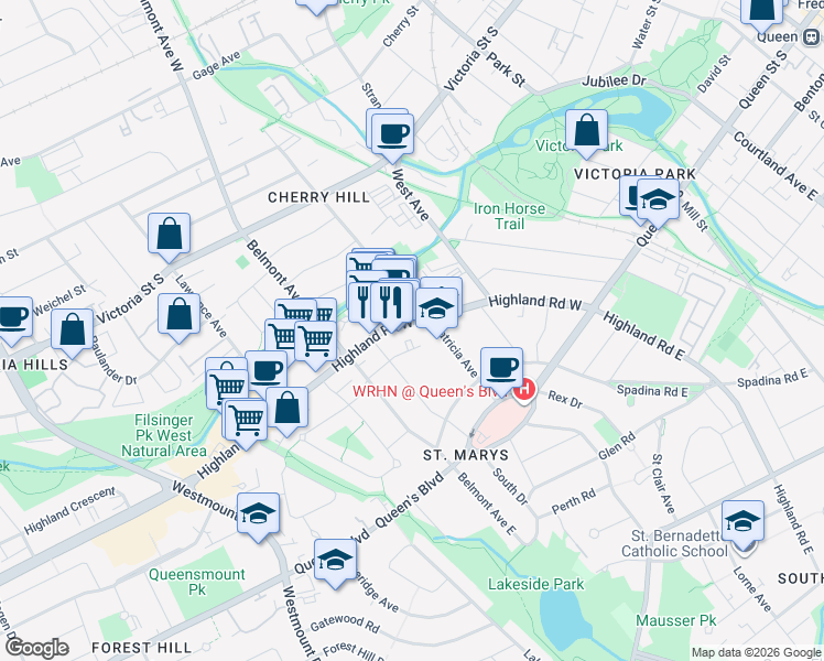 map of restaurants, bars, coffee shops, grocery stores, and more near 80 Patricia Avenue in Kitchener
