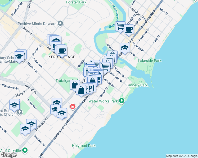 map of restaurants, bars, coffee shops, grocery stores, and more near 67 Lakeshore Road West in Oakville