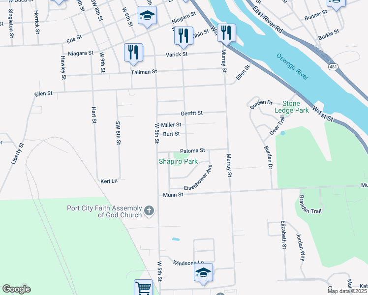 map of restaurants, bars, coffee shops, grocery stores, and more near 378 West 3rd Street in Oswego