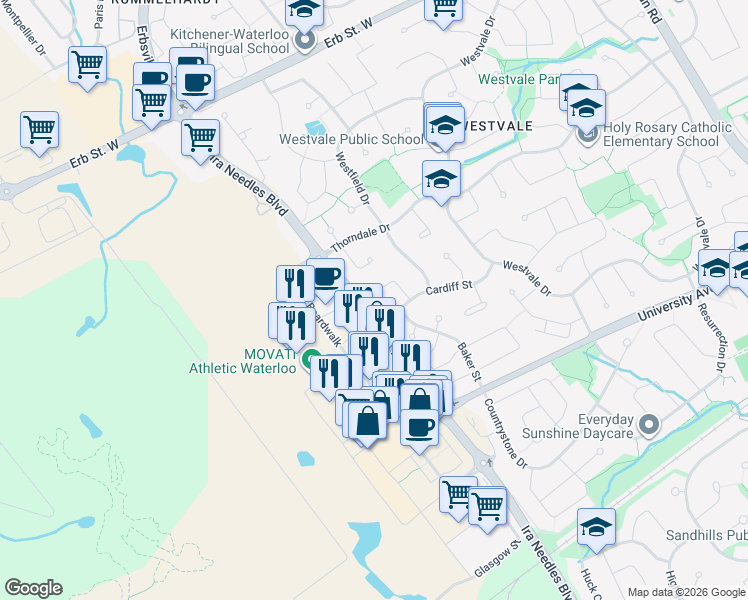 map of restaurants, bars, coffee shops, grocery stores, and more near 537 Ira Needles Boulevard in Waterloo