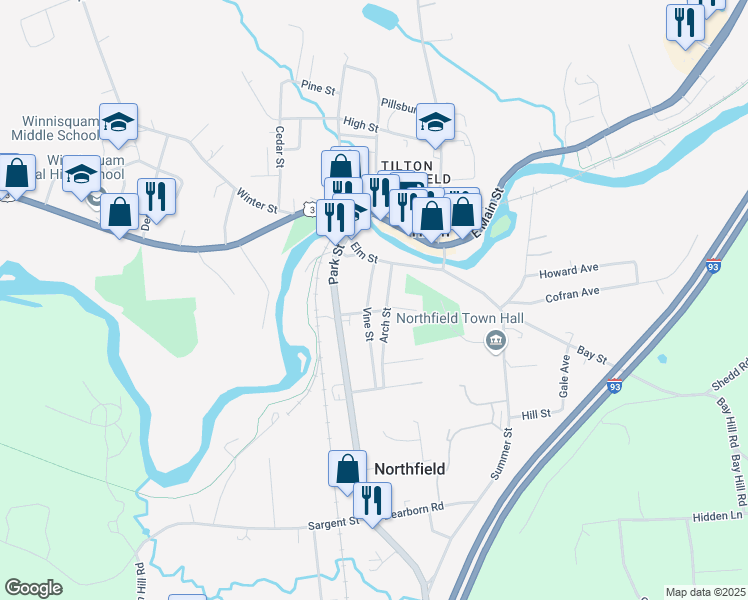 map of restaurants, bars, coffee shops, grocery stores, and more near 9 Oak Street in Northfield