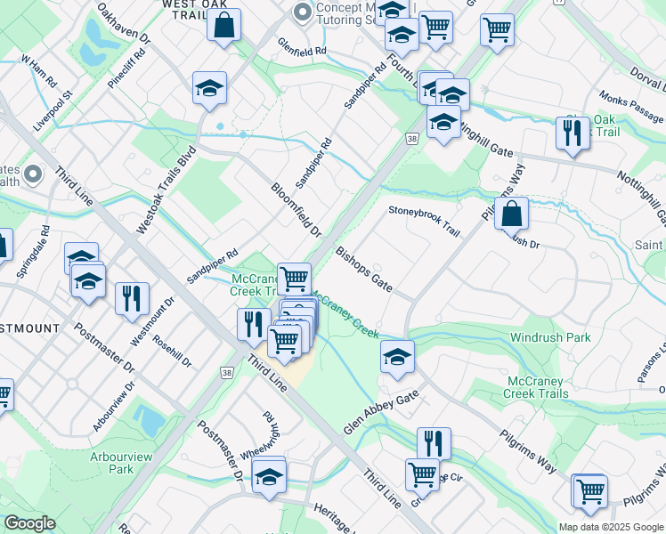 map of restaurants, bars, coffee shops, grocery stores, and more near in Oakville
