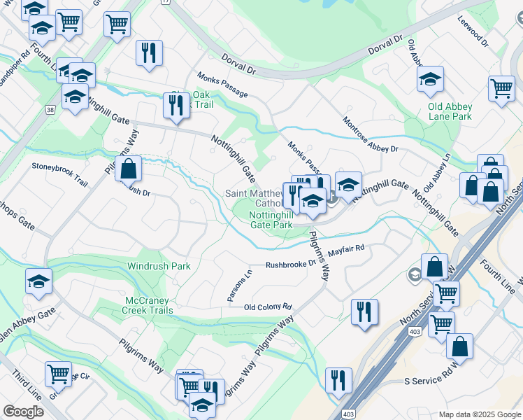 map of restaurants, bars, coffee shops, grocery stores, and more near 1150 Nottinghill Gate in Oakville