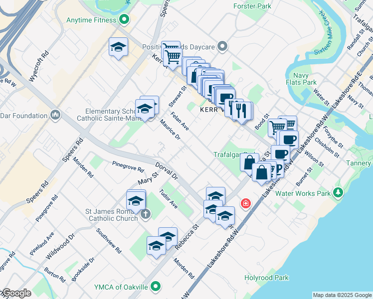 map of restaurants, bars, coffee shops, grocery stores, and more near 204 Mary Street in Oakville