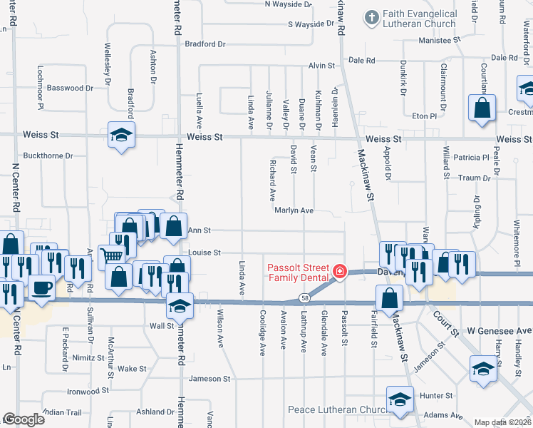 map of restaurants, bars, coffee shops, grocery stores, and more near 4250 Ann Street in Saginaw
