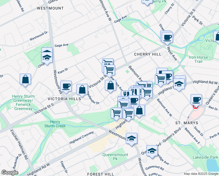 map of restaurants, bars, coffee shops, grocery stores, and more near 20 Paulander Drive in Kitchener