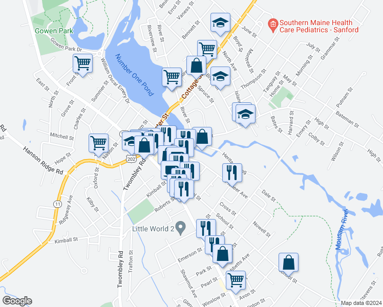 map of restaurants, bars, coffee shops, grocery stores, and more near 9 Pioneer Avenue in Sanford