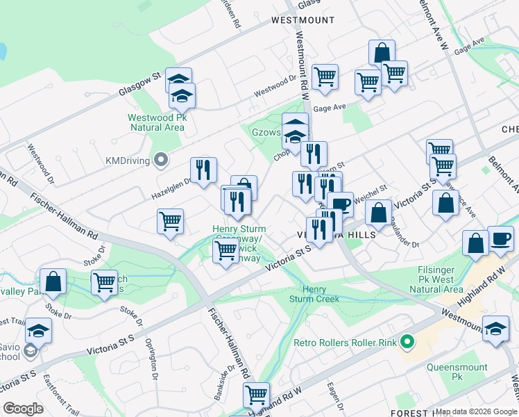 map of restaurants, bars, coffee shops, grocery stores, and more near 156 Mooregate Crescent in Kitchener