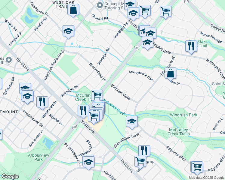 map of restaurants, bars, coffee shops, grocery stores, and more near 1480 Bishops Gate in Oakville