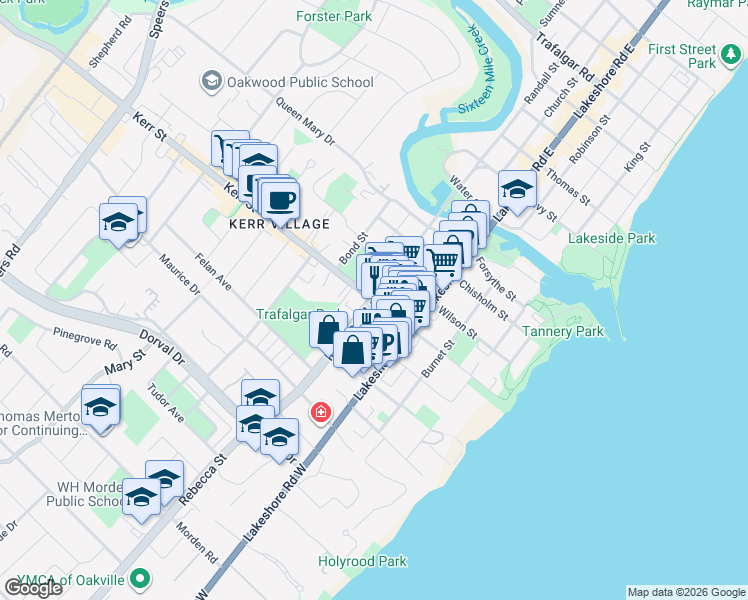 map of restaurants, bars, coffee shops, grocery stores, and more near Rebecca St & Kerr St in Oakville
