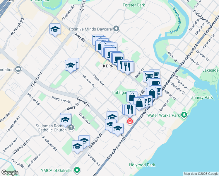 map of restaurants, bars, coffee shops, grocery stores, and more near 164 Westside Drive in Oakville