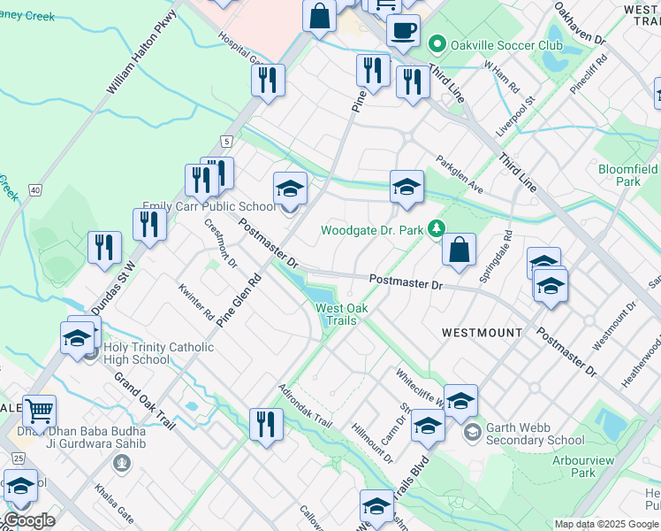 map of restaurants, bars, coffee shops, grocery stores, and more near 2374 Postmaster Drive in Oakville