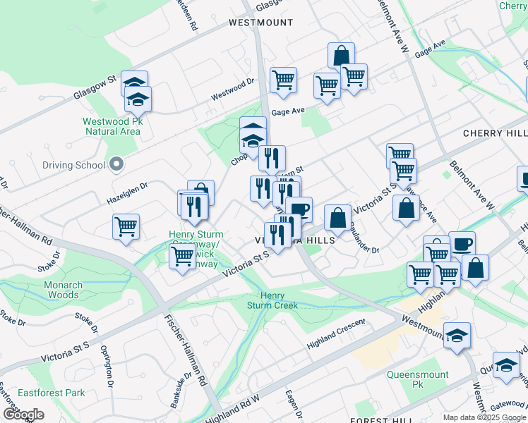 map of restaurants, bars, coffee shops, grocery stores, and more near 63 Mooregate Crescent in Kitchener