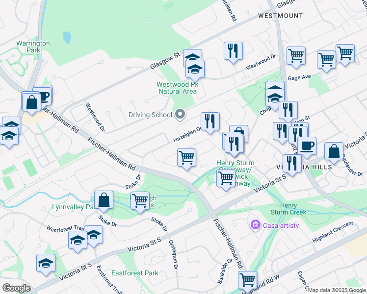 map of restaurants, bars, coffee shops, grocery stores, and more near 109 Dalegrove Drive in Kitchener