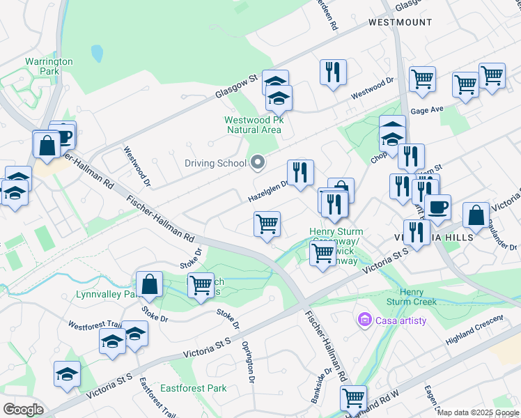 map of restaurants, bars, coffee shops, grocery stores, and more near 109 Dalegrove Drive in Kitchener