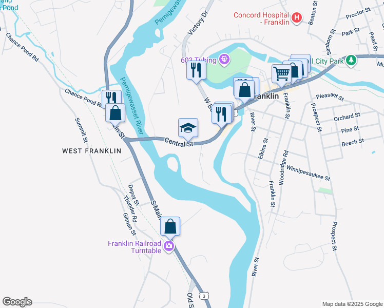 map of restaurants, bars, coffee shops, grocery stores, and more near 115 Central Street in Franklin