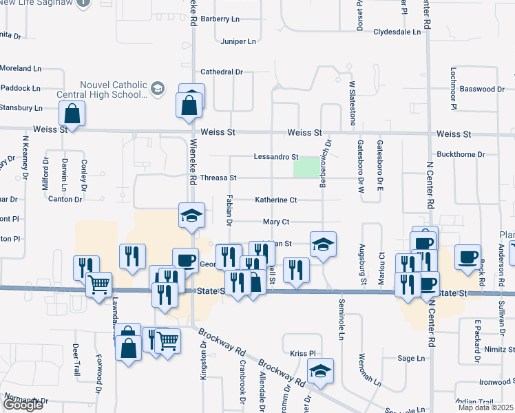 map of restaurants, bars, coffee shops, grocery stores, and more near 5548 Katherine Court in Saginaw