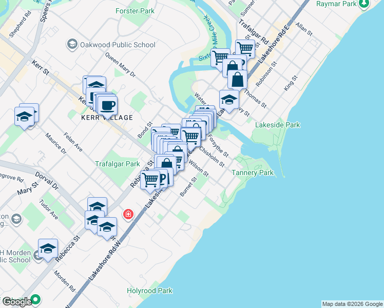 map of restaurants, bars, coffee shops, grocery stores, and more near 46 Lakeshore Road West in Oakville