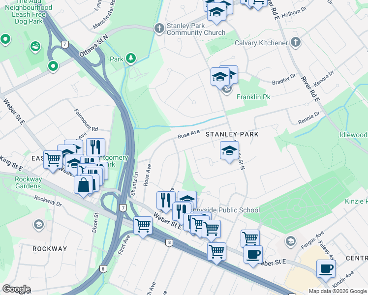 map of restaurants, bars, coffee shops, grocery stores, and more near 233 Ross Avenue in Kitchener