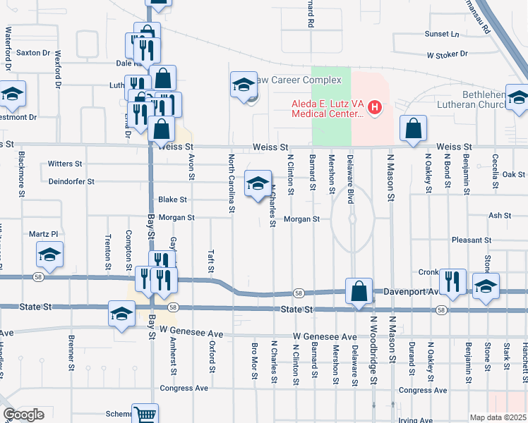 map of restaurants, bars, coffee shops, grocery stores, and more near 2415 North Charles Street in Saginaw