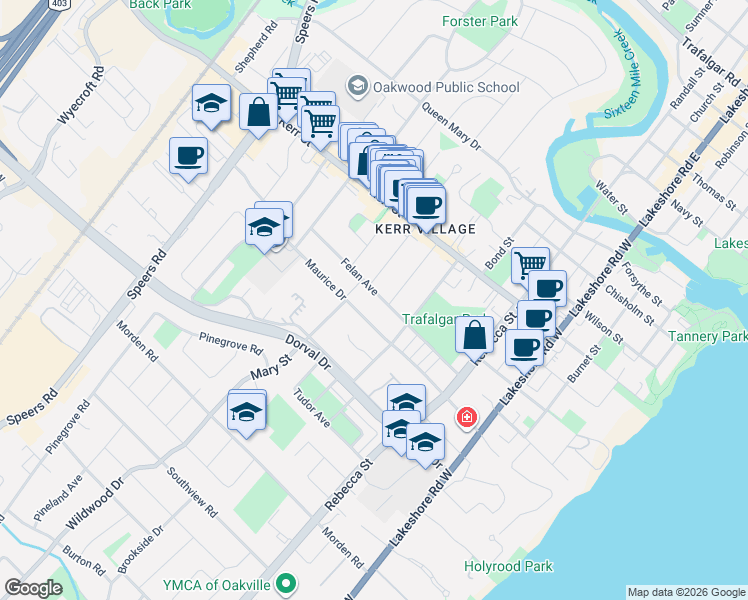 map of restaurants, bars, coffee shops, grocery stores, and more near 248 Felan Avenue in Oakville