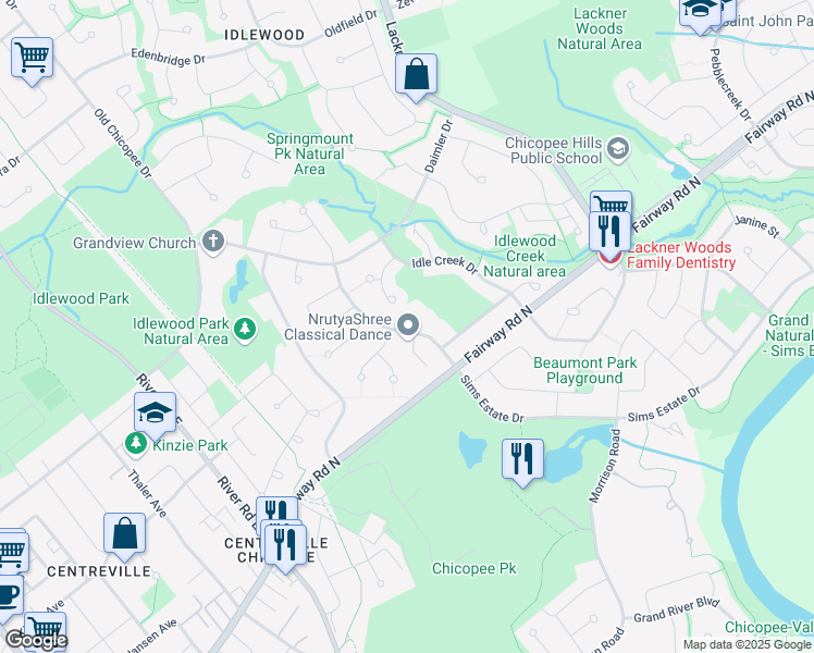 map of restaurants, bars, coffee shops, grocery stores, and more near 292 Briarmeadow Drive in Kitchener