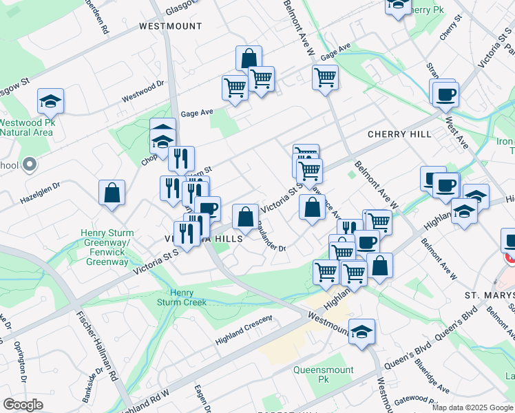 map of restaurants, bars, coffee shops, grocery stores, and more near 566 Victoria Street South in Kitchener