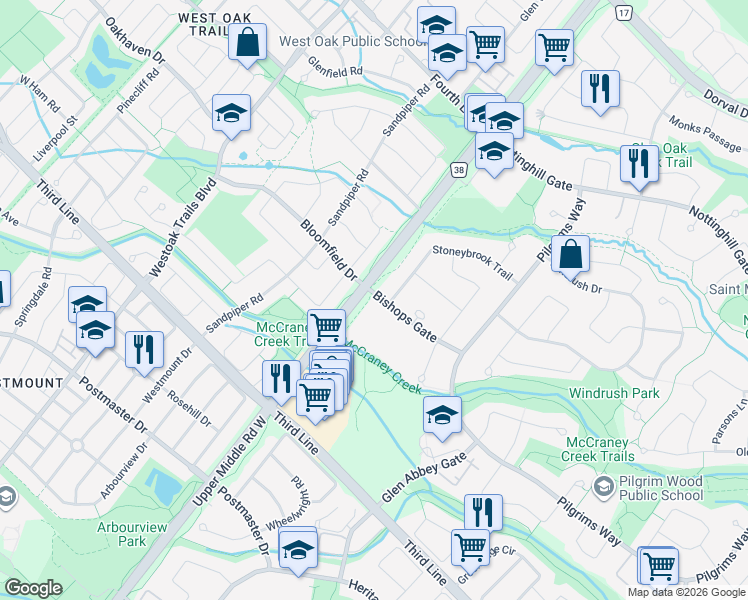 map of restaurants, bars, coffee shops, grocery stores, and more near 1450 Bishops Gate in Oakville
