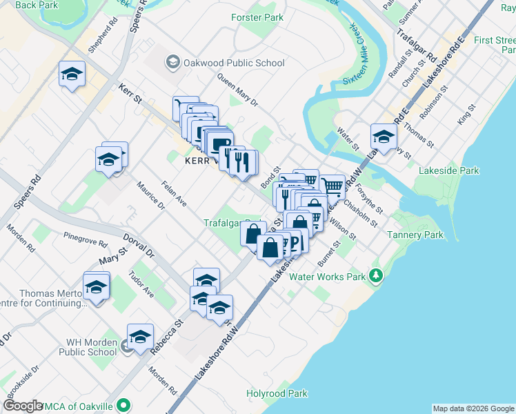 map of restaurants, bars, coffee shops, grocery stores, and more near in Oakville