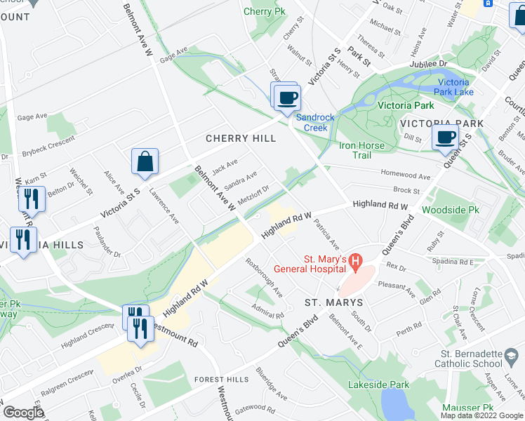 map of restaurants, bars, coffee shops, grocery stores, and more near 34 Burn Place in Kitchener