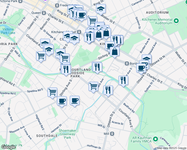 map of restaurants, bars, coffee shops, grocery stores, and more near 159 Palmer Avenue in Kitchener