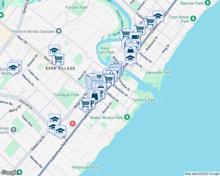 map of restaurants, bars, coffee shops, grocery stores, and more near 42 Lakeshore Road West in Oakville