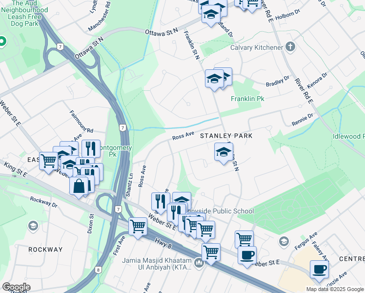 map of restaurants, bars, coffee shops, grocery stores, and more near 116 Kenneth Avenue in Kitchener