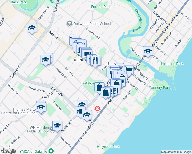 map of restaurants, bars, coffee shops, grocery stores, and more near 212 Kerr Street in Oakville