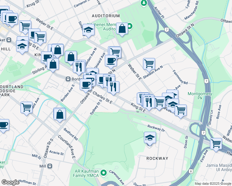 map of restaurants, bars, coffee shops, grocery stores, and more near 1242 King Street East in Kitchener