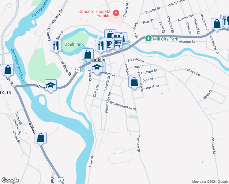 map of restaurants, bars, coffee shops, grocery stores, and more near 10 East High Street in Franklin