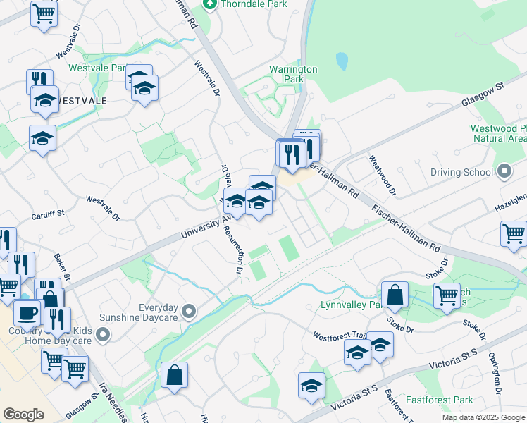 map of restaurants, bars, coffee shops, grocery stores, and more near 455 University Avenue West in Kitchener