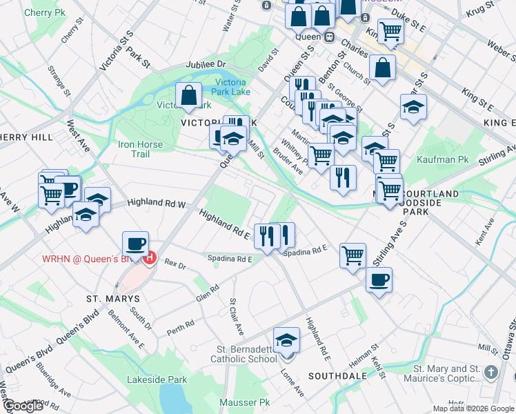 map of restaurants, bars, coffee shops, grocery stores, and more near in Kitchener