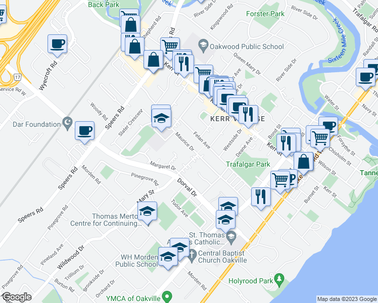 map of restaurants, bars, coffee shops, grocery stores, and more near 282 Maurice Drive in Oakville