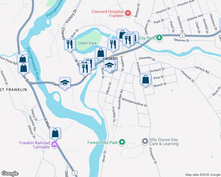 map of restaurants, bars, coffee shops, grocery stores, and more near 47 Elkins Street in Franklin