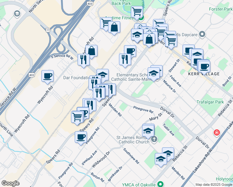 map of restaurants, bars, coffee shops, grocery stores, and more near in Oakville
