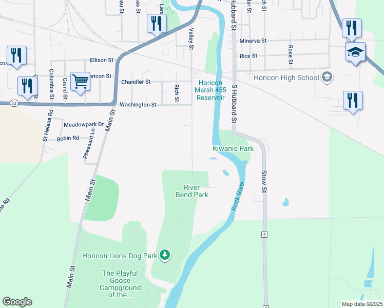 map of restaurants, bars, coffee shops, grocery stores, and more near Valley Street in Horicon