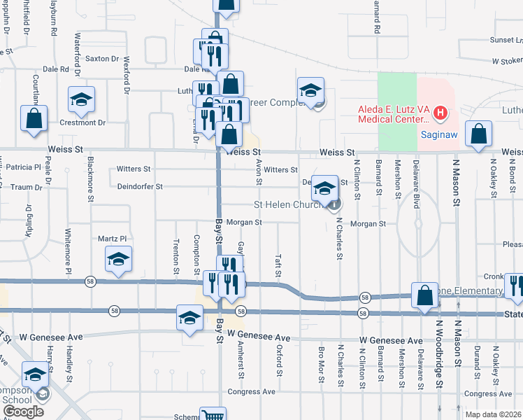 map of restaurants, bars, coffee shops, grocery stores, and more near 2403 Avon Street in Saginaw