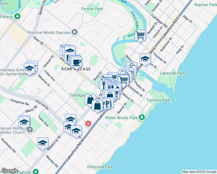 map of restaurants, bars, coffee shops, grocery stores, and more near in Oakville