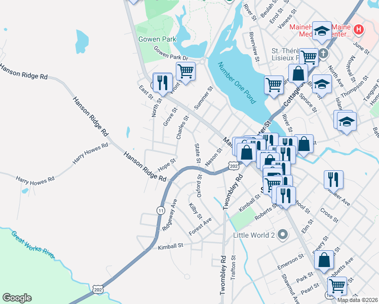 map of restaurants, bars, coffee shops, grocery stores, and more near 23 State Street in Sanford