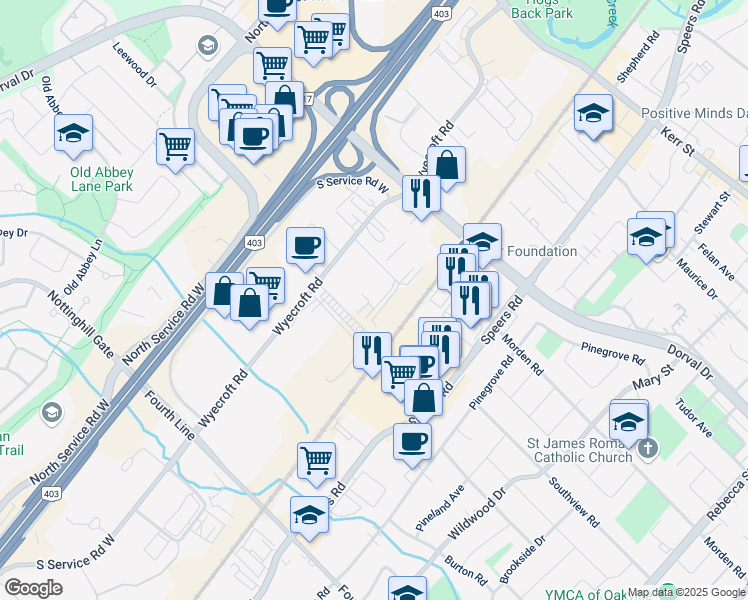 map of restaurants, bars, coffee shops, grocery stores, and more near 740 Weller Court in Oakville