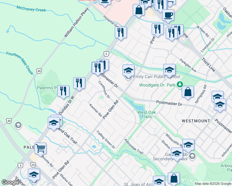 map of restaurants, bars, coffee shops, grocery stores, and more near 2373 Falling Green Drive in Oakville