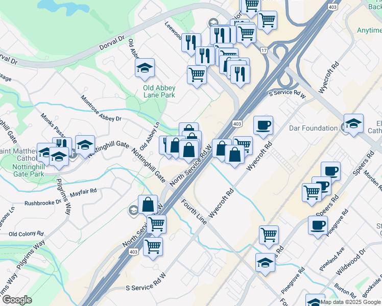 map of restaurants, bars, coffee shops, grocery stores, and more near in Oakville