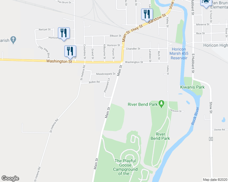 map of restaurants, bars, coffee shops, grocery stores, and more near 1033 Main Street in Horicon