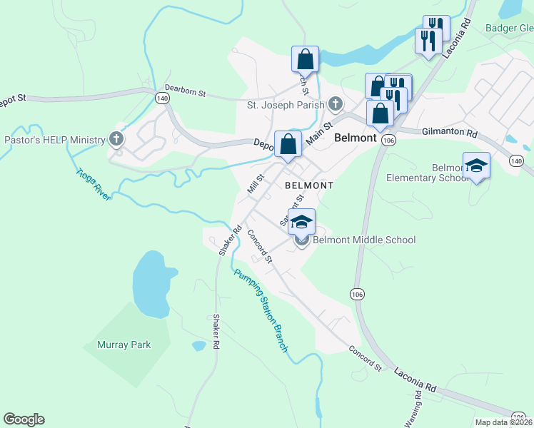 map of restaurants, bars, coffee shops, grocery stores, and more near 13 South School Street in Belmont
